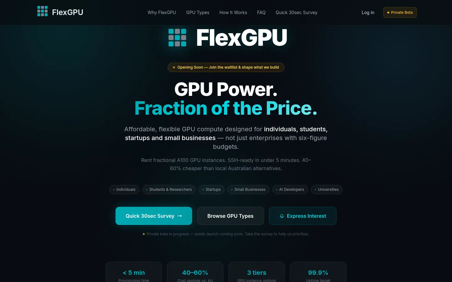Screenshot of the FlexGPU public website