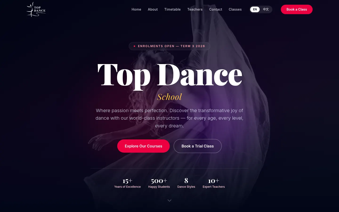 Screenshot of the Top Dance public website